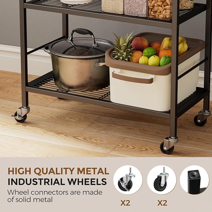 5-Tier Metal Storage Rack with Industrial Wheels,Mesh Shelving Unit with Wooden Table top,Adjustable Shelf,23.6-Inch Width,for Kitchen, Laundry,Pantry,Plant,Black