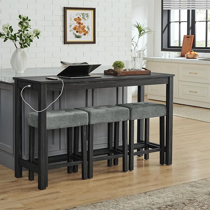 Ball & Cast 4 Piece Kitchen Dining Room Table and Chairs Set, Farmhouse Wooden Counter Height Bar-Sets w/USB Ports & Power Outlet & 3pcs Stools, 59" Sofa-Table Barstool w/Charging Station, Black