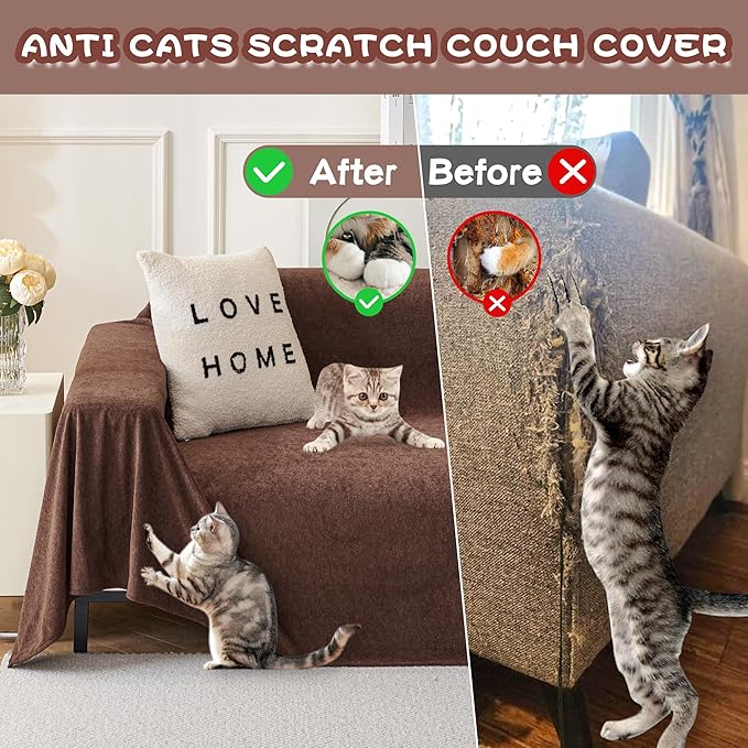 MYSKY HOME Cat Scratch Furniture Protector - Non-Slip, Washable Couch Cover for Dogs - Pet Friendly Sofa Slipcovers - Soft Thick Sofa Throw (71" x 118", Chocolate)