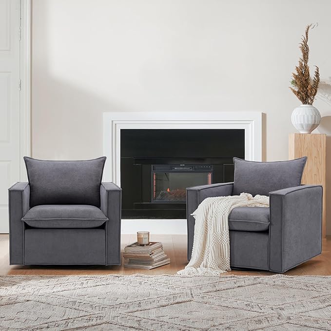 Swivel Accent Chair, 34 Inches Wide Upholstered Arm Chair with Plump Back Pillow, Modern Sofa Living Room Chair for Bedroom, Corner, Reading Nook-Grey