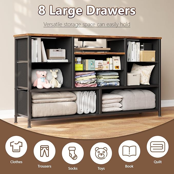 Furnulem Bedroom Dresser TV Stand with 8 Drawers, Long Chest of Drawers with Power Outlets Wood Desk Top - for Closet, Living Room Wide Storage Fabric Bins, Industrial Furniture (Rustic Brown)