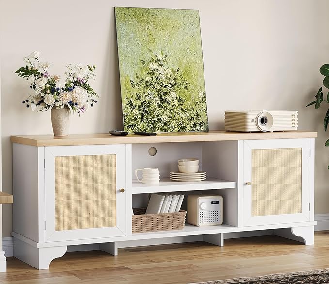 GarveeHome Rattan TV Stand for 70 Inch TV, Boho Entertainment Center with Cabinets & Open Shelves, Wooden Media Console Table for Living Room, White