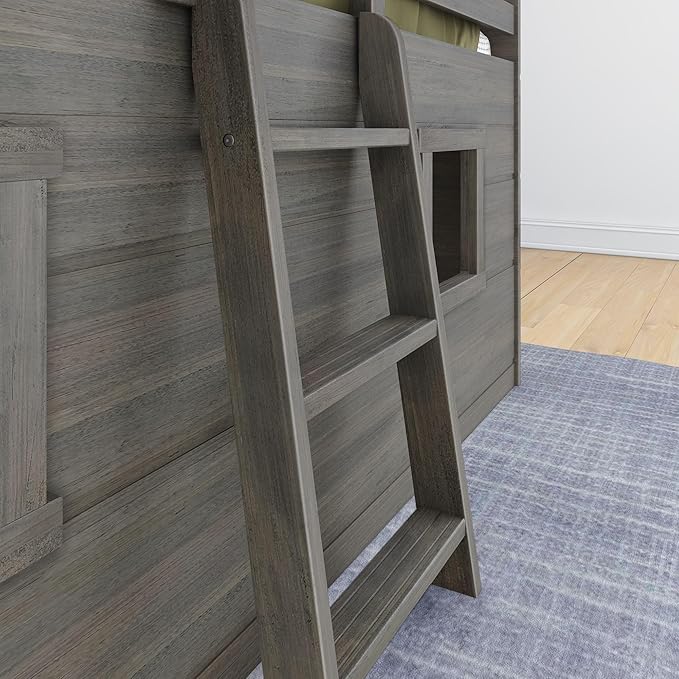 Max & Lily Modern Farmhouse Twin Low Loft Bed with Two Windows - Solid Wood, 15” Guardrails, 400-lb Capacity, Low-VOC Finish, Driftwood