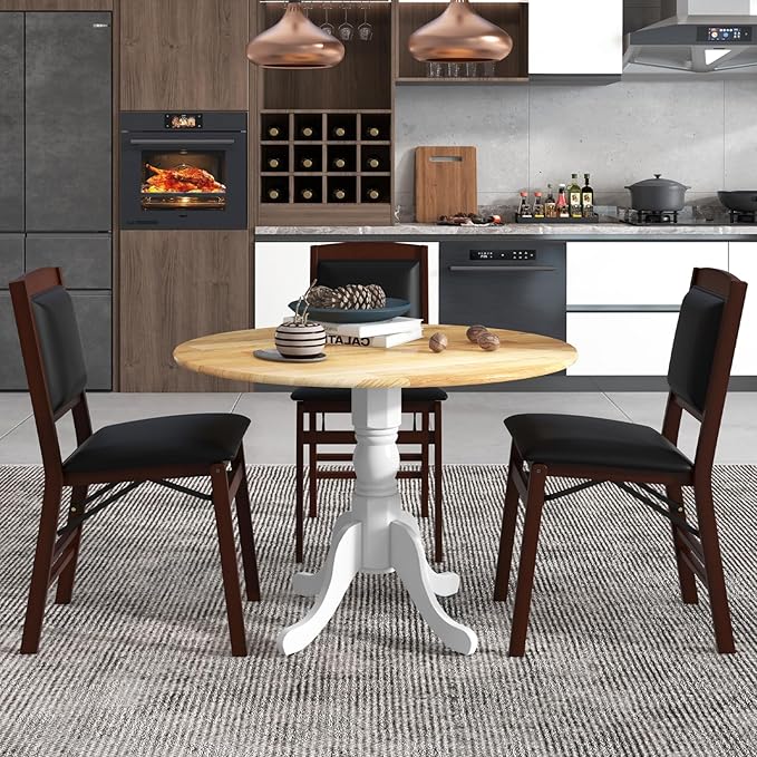 COSTWAY Round Dining Table for 4, 39-inch Wooden Kitchen Table With Solid Rubber Wood Frame, Curved Trestle Legs, Adjustable Foot Pads, Mid Century Rustic Dinning Table for Living Room (Natural+White)