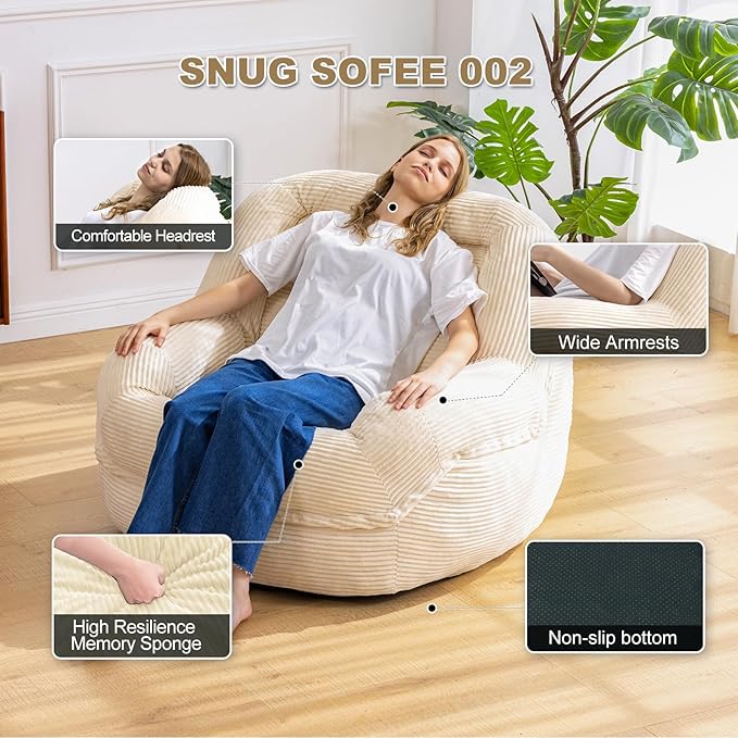 Giant Bean Bag Chair with Armrests - Oversized Cozy Seating for Adults, Corduroy Fabric & High - Density Foam Filling, Ideal Lounge for Living Room, Bedroom & Gaming Room (White)