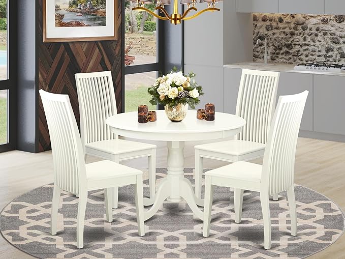 East West Furniture HLIP5-LWH-W 5 Piece Kitchen Table Set for 4 Includes a Round Dining Table with Pedestal and 4 Dining Room Chairs, 42x42 Inch, Linen White