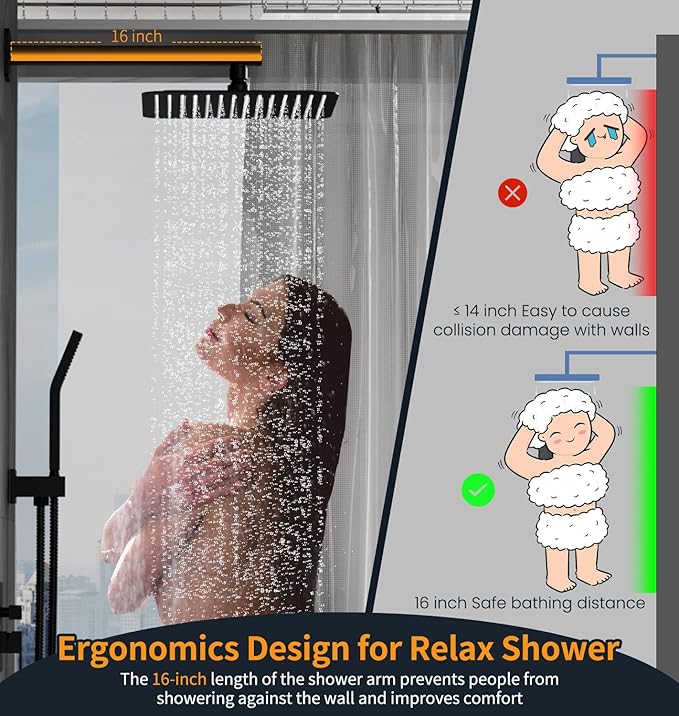 SR SUN RISE 12 Inches Matte Black Shower System 12 Inch Brass Bathroom Luxury Rain Mixer Shower Combo Set Wall Mounted Rainfall Shower Head System Shower Faucet Rough-in Valve Body and Trim Included