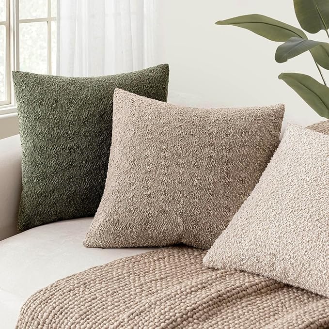 Foindtower Set of 2, Decorative Textured Boucle Throw Pillow Covers Accent Solid Pillow Cases Neutral Cozy Couch Cushion Case for Chair Sofa Bedroom Living Room Home Decor 24x24 Inch Light Khaki Tan
