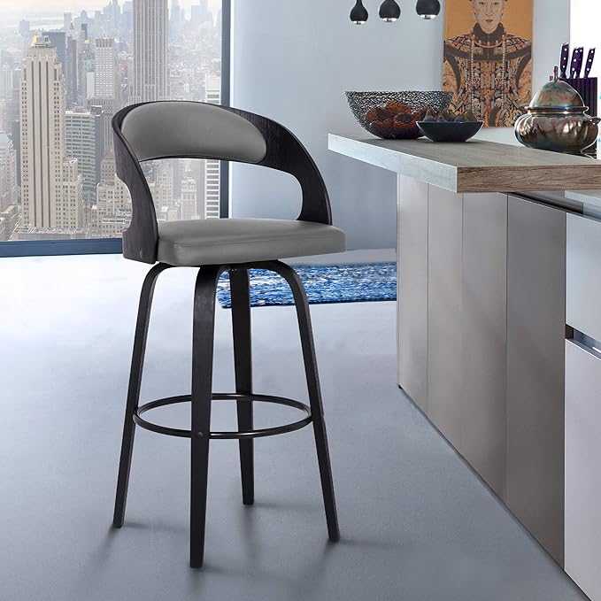 Armen Living Shelly 26" Counter Height Swivel Gray Faux Leather and Black Wood Bar Stool