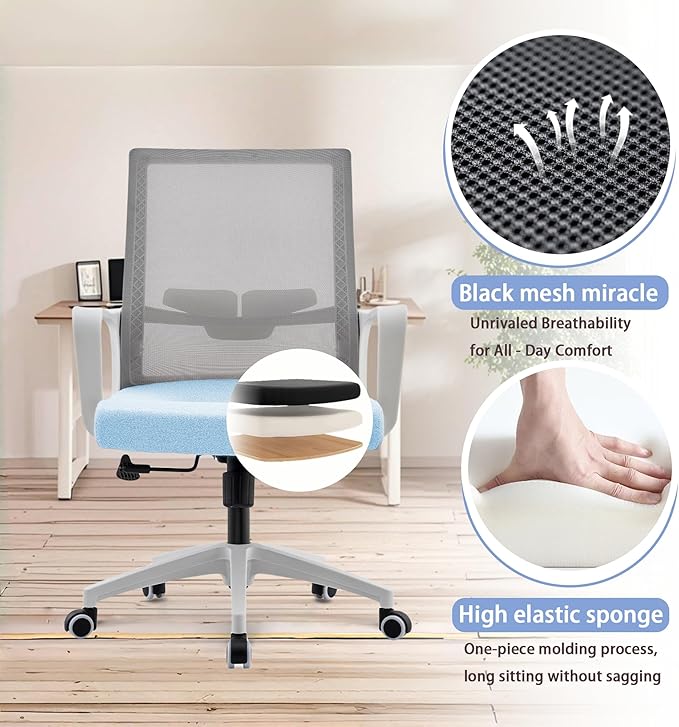 Office Chair ergonomically Designed with Breathable mesh backrest and Lumbar Support Adjustable Height Suitable for Offices Homes bedrooms Study Rooms Blue