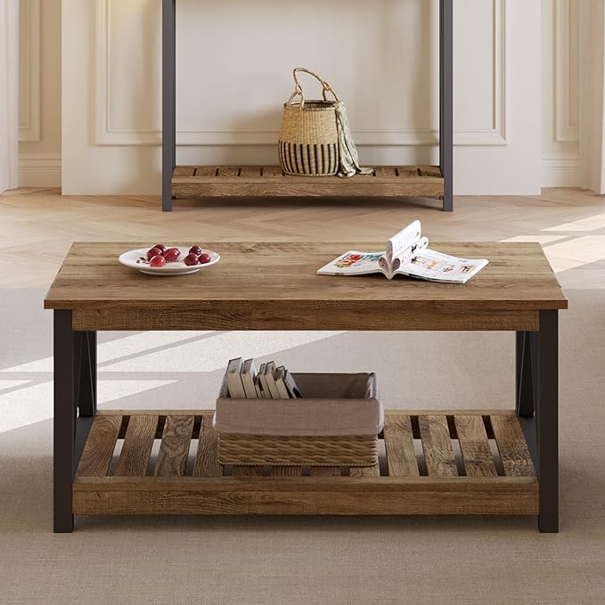 ChooChoo Farmhouse Coffee Table with 2-Tier Storage, 40-Inch Rectangular Wooden Center Table for Living Room, Rustic Oak & Black