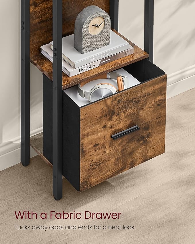 VASAGLE 5-Tier Bookshelf, Book Shelf with Drawer, Industrial Bookcase, with Steel Frame, for Living Room, Home Office, Bedroom, 9.4 x 15.7 x 65 Inches, Rustic Brown and Black ULLS146B01