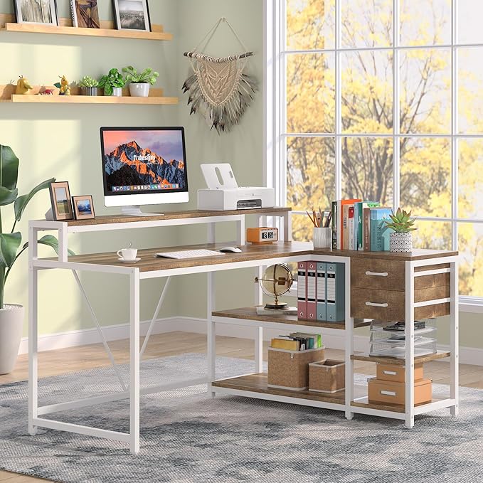 Tribesigns L Shaped Desk with Drawers and Monitor Stand, L Corner Desk with Storage Shelves, Beige Wooden PC Table for Samll Home Office