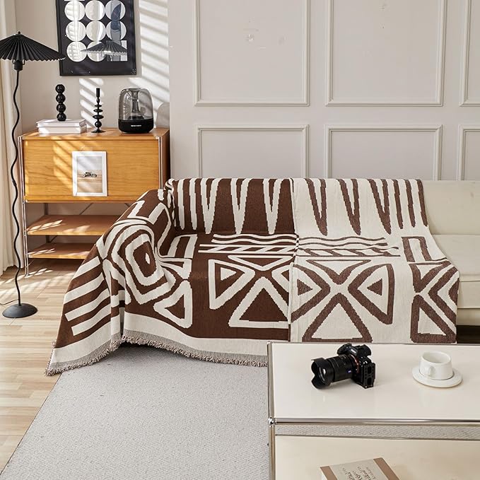 STACYPIK Reversible Boho Chocolate Sofa Cover Durable Couch Cover for 1 Cushion Couch Sofa Cover for Dogs Non Slip Jacquard Geometric Pet Armchair Cover with Tassels Sofa Protector Blanket-71X71IN