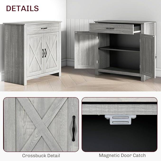 HOMCOM Farmhouse Sideboard Buffet Cabinet, Barn Door Coffee Bar Cabinet with Drawer and Adjustable Shelf, for Living Room, Entryway, Stone Gray