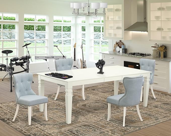 East West Furniture LGSI5-LWH-15 5 Piece Dinette Set Includes a Rectangle Dining Room Table with Butterfly Leaf and 4 Baby Blue Linen Fabric Parson Dining Chairs, 42x84 Inch, Linen White