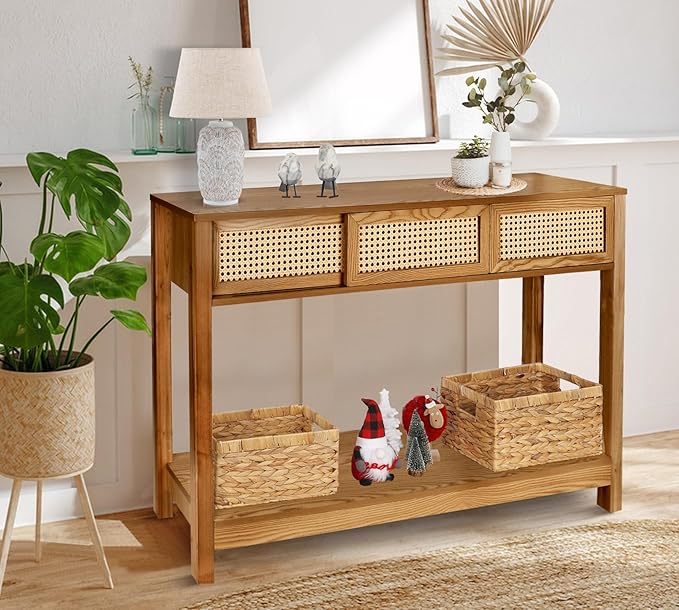 ZYBT Long Console Table, Rattan Entry Table, Console Tables for Entryway, Narrow Wood Console Table with Storage, Rustic Couch Table Hallway Table Brown Boho Sofa Table for Living Room