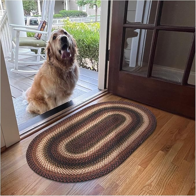 Prescott Oval Braided Rug 20x30 - Black and Burgundy Jute Braided Oval Rug for Kitchen and Entryway