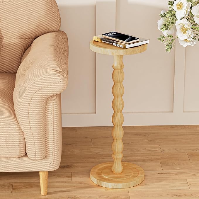 Solid Wood Drink Table, Rubber Wood‌ Small Round Side Table for Small Spaces, Martini Tables, Pedestal End Tables for Living Room, Bedroom, Corners, and Office (Natural, 9.4 inch)