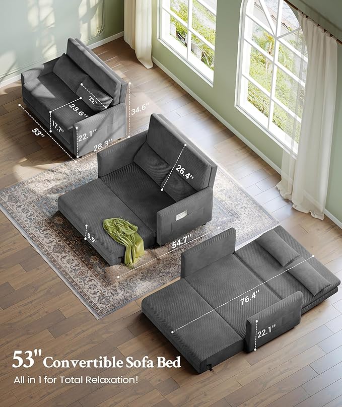 53” Convertible Sofa Bed Couch, Corduroy Couch Bed, 6-Position Loveseat Sleeper Sofa, Love Seat Sleeper Bed 23.6" Extra Deep Seat, Modern Couches for Living Room/Apartment/Home/Office, Grey