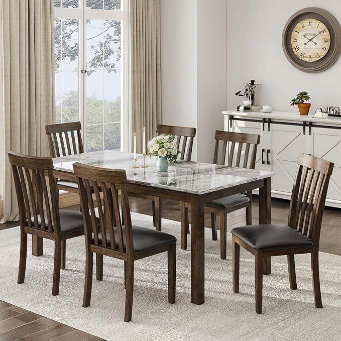 7-Piece Dining Table Set, 71" Faux Marble Kitchen Table with 6 Chairs, Solid Wood Curved Backrests & PU Cushioned Seats, Kitchen Table Chairs Set for Living Room, Dining Room