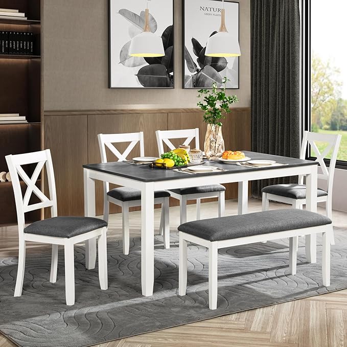 Ball & Cast 6 Piece Dining Table Set with 4 Upholstered Chairs & 1 Bench,Wooden Living Room Furniture for 6 W/ 58.5" Rectangle Kitchen Desk,for Dining Room,Home Bistro,Apartment,White+Gray