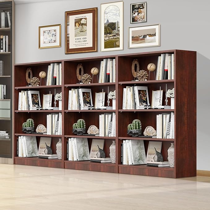 Wooden Bookcase with Adjustable Shelves, 4 Tier Wooden Bookshelf for Small Spaces, Office or Living Room, Modern Bookshelves Storage Rack, Manga Display Shelf,48 Inch,Cherry