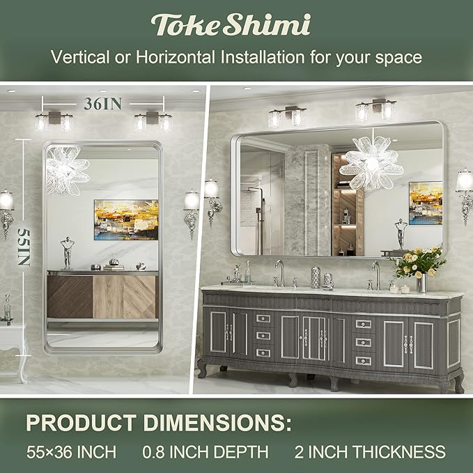 TokeShimi 55 x 36 Inch Brushed Silver Mirror Wall Mirror for Bathroom Black Metal Frame Decorative Rectangular Wall Mounted Home Decor Corner Hangs (Horizontal/Vertical)