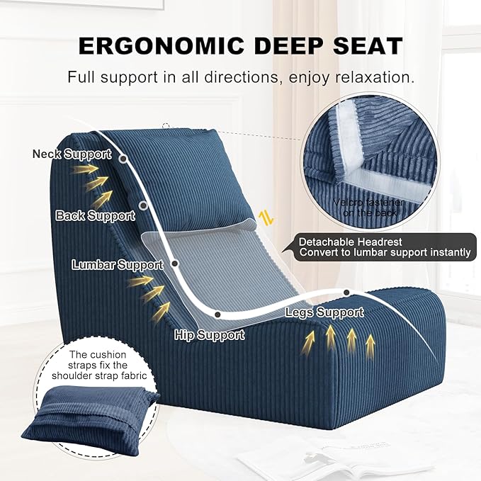 Giant Bean Bag Chair for Adults,Corduroy Chaise Lounge with Unrivaled Back Support, Detachable Neck Pillow, Comfortable Ottoman & Washable Cover for Living Room, Bedroom, Garden (Royal Blue)