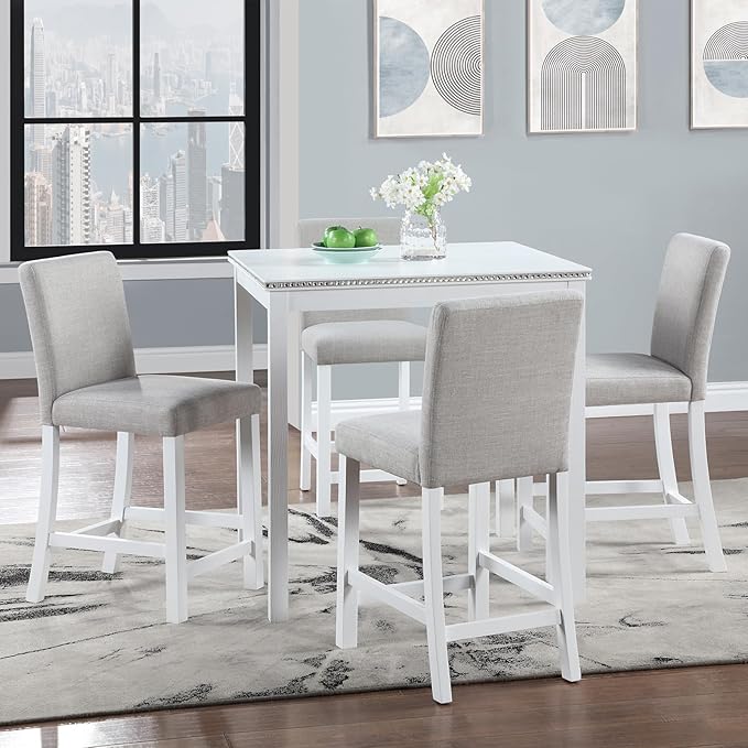 KEIKI 5-Piece Counter Height Dining Table Set with Square Table and 4 Upholstered Chair, for 4 Person, Modern Style Crystal Decoration Wooden Table Set, Easy Assembly, for Kitchen, Dining Room,White