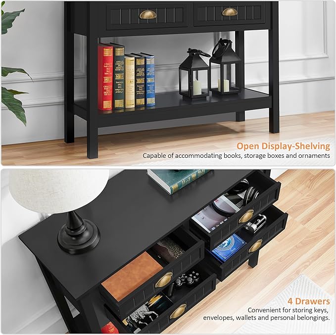 Yaheetech Console Table with 4 Drawers, Sofa Side Table with Bottom Open Storage Shelf, Heavy-Duty Entryway Tables for Hallway/Living Room, 39.5x14x32 inch, Black