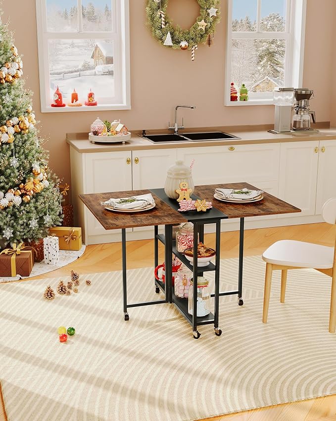 Folding Dining Table, Movable Dining Table, Expandable Kitchen Table, Versatile Table with 6 Wheels and 2-Tier Shelf, for Dining, Living Room, Apartment, Rustic Brown TCZ01BF
