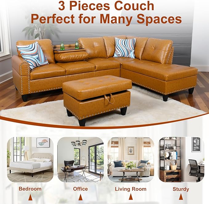 Osparple L Shaped Couch PU Leather Sectional Couch Upholstered 3 Pieces Sofas for Living Room with Chaise, Ottoman with Storage for Office and Small Apartment, Ginger