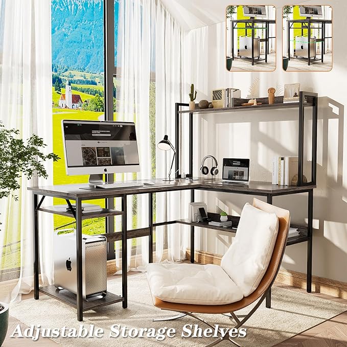 L Shaped Computer Desk with Hutch and Storage Shelves, Gaming Desk with LED Lights, Reversible L-Shaped Desk with Power Outlets, Home Office Desk, Corner Desk, Black Oak