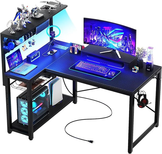 Homieasy Small Gaming Desk with Power Outlets Pegboard LED Light, 43 Inch L Shaped Computer Desk with Monitor Stand Storage Shelves, Reversible Corner Desk with Headset Hooks, Carbon Fiber Black
