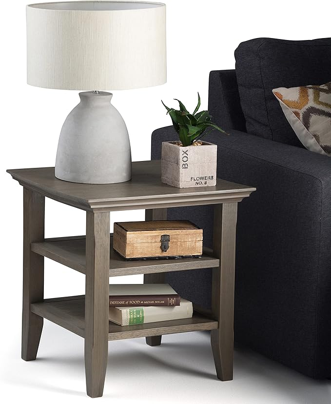 SIMPLIHOME Acadian SOLID WOOD 19 inch Wide Square Transitional End Table in Farmhouse Grey for the Living Room and Bedroom