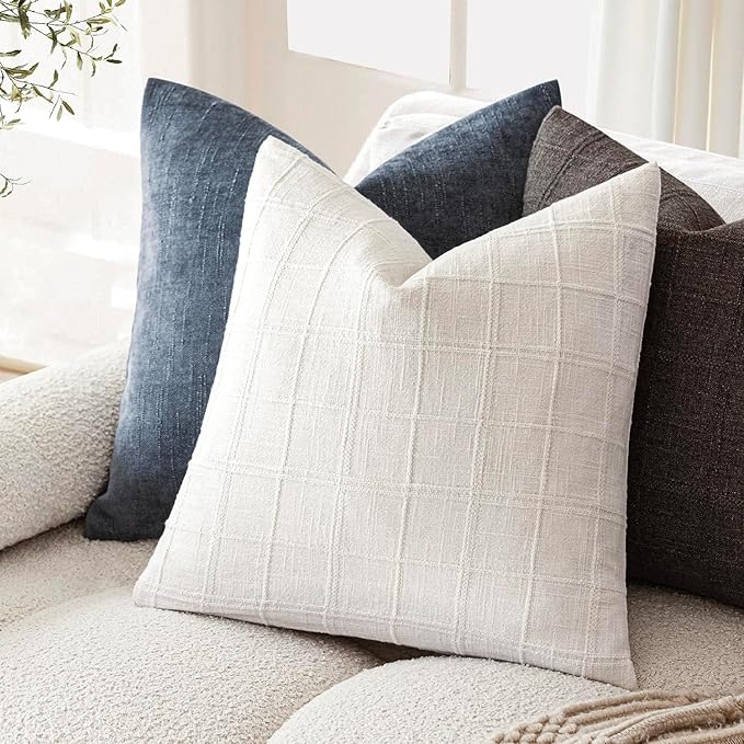 Foindtower Set of 2 Decorative Linen Check Throw Pillow Covers Neutral Farmhouse Vintage Cushion Covers Modern Boho Home Decor for Sofa Chair Couch Bedroom Living Room Outdoor,22×22 Inch,Cream White