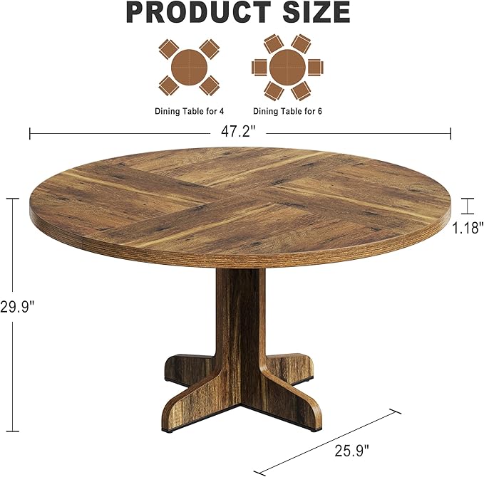 GarveeHome Round Dining Table for 4, 47 Inch Farmhouse Circle Kitchen Table with Wood Tabletop and Stable Base, for Home Dining Room Living Room, Brown (Only Table)