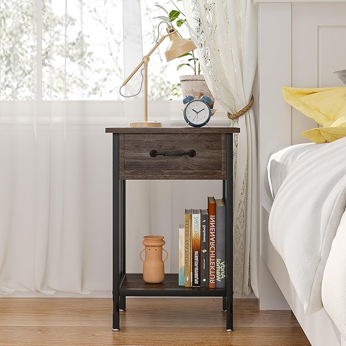 VECELO Nightstands, Industrial Side Table/End Tables with Drawer and Storage Shelf, Night Stands for Bedroom, Living Room, Wood Metal Furniture, Easy Assembly