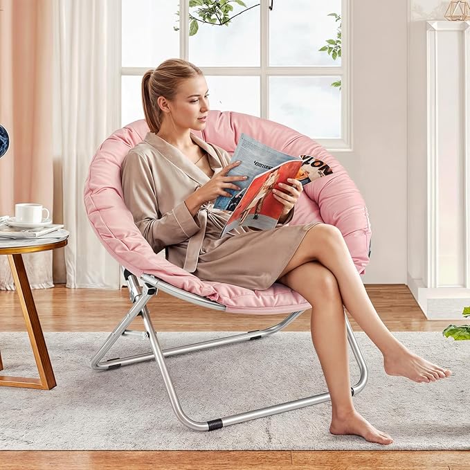 MoNiBloom Round Folding Saucer Chairs Set of 2 for Bedroom Living Room Dorm Foldable Metal Frame Comfy Soft Lounge Lazy Cozy Moon Chairs for Teens (Pink)