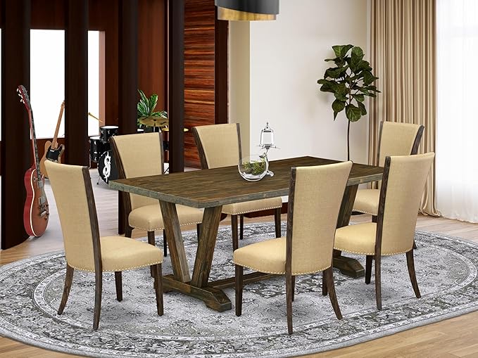 East West Furniture V777VE703-7 7 Piece Dining Table Set Consist of a Rectangle Dining Room Table with V-Legs and 6 Brown Linen Fabric Parsons Chairs, 40x72 Inch, Multi-Color