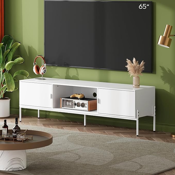 WLIVE Modern TV Stand for 65 Inch TV, Mid Century Entainment Center with Storage Cabinets, TV Console for Bedroom and Living Room, TV Cabinet with Metal Legs, White