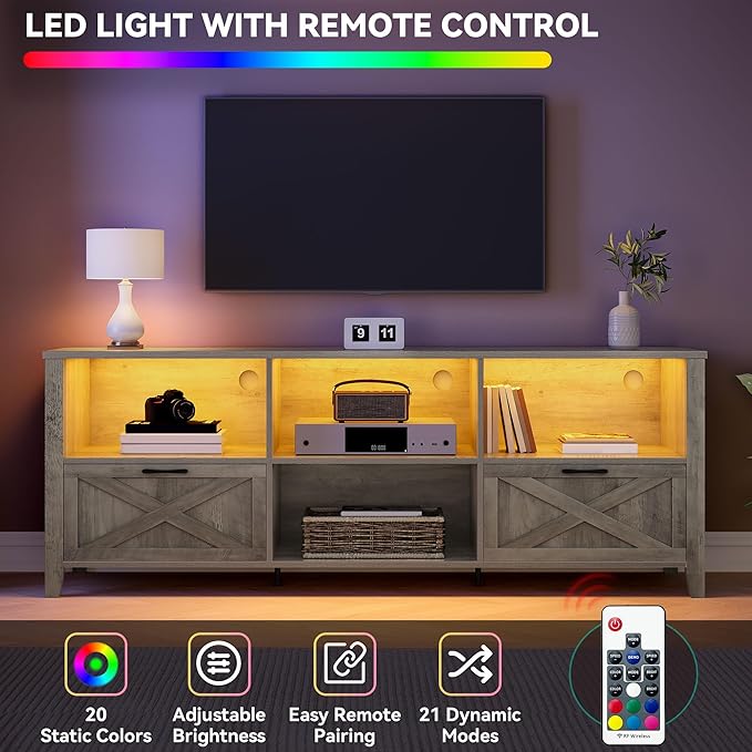 YITAHOME 70 Inch Farmhouse TV Stand with LED Lighting, Fits TVs up to 80 Inches, Media Console with Storage and Customizable Divider, Entertainment Center for Living Room (Grey)