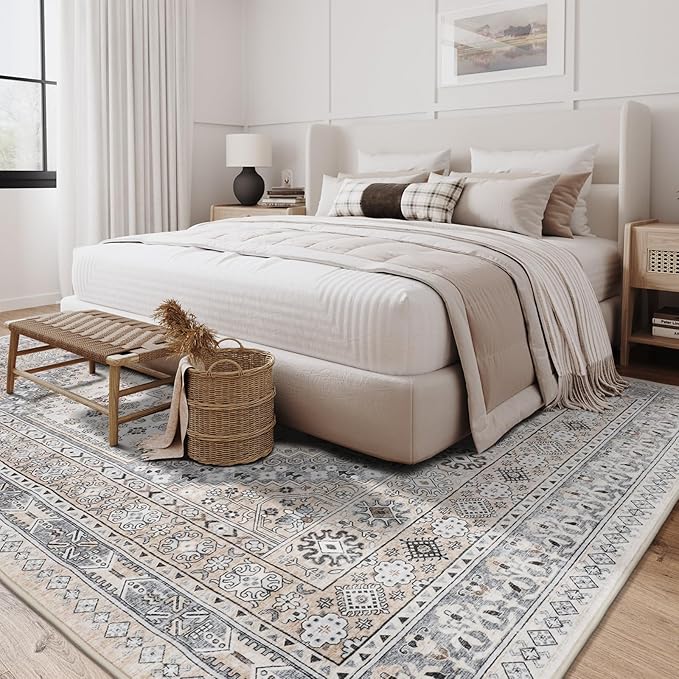 zesthome 4x6 Rug - Stain Resistant Washable Rug, Anti Slip Backing Rugs for Living Room, Foldable Vintage Small Area Rugs ((Beige,4'x6')