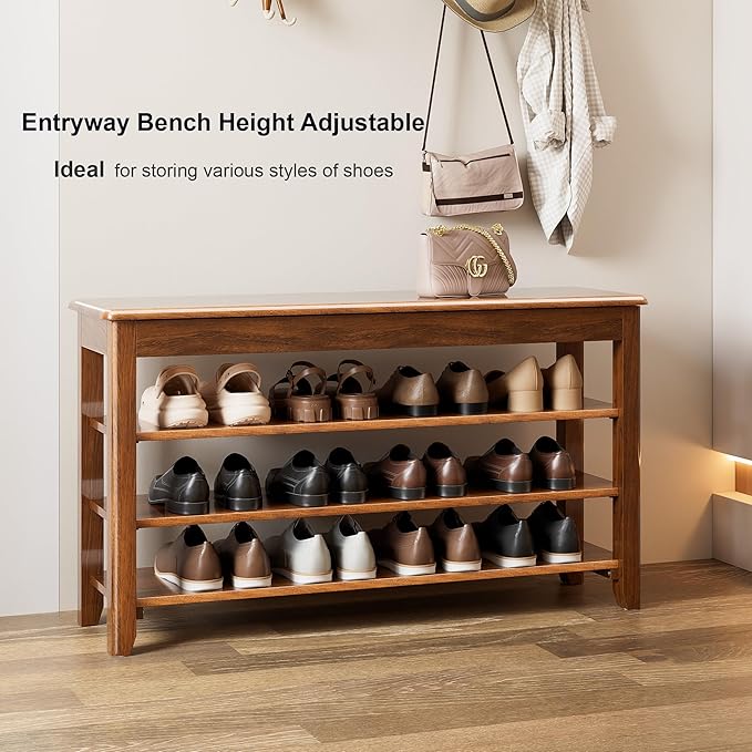 Shoe Storage Bench for Entryway - 4 Tier Shoe Rack for Front Door Entrance, Rubberwood Shoes Rack Height Adjustable, Entryway Bench with Shoes Storage for Any Room (Walnut, 39.4" W)
