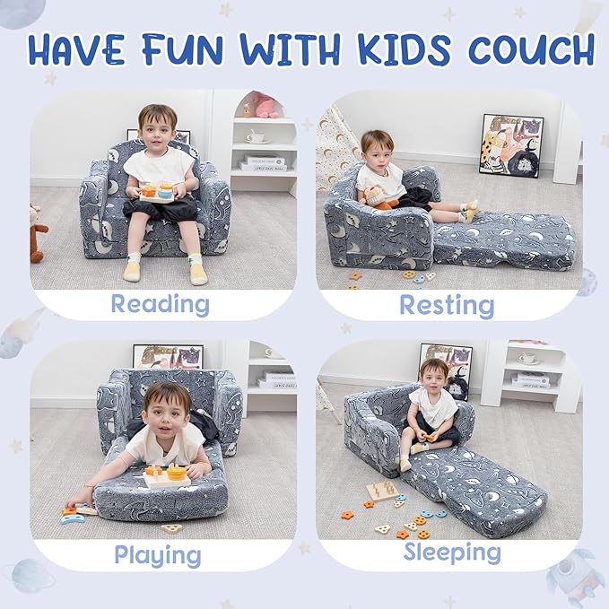 Comfy Toddler Couch and Chair for Kids with Blanket, 2-in-1 Soft Plush Fold Out Kids Sofa Chairs for Girls and Boys, Convertible Sofa to Lounger for Playroom, Glowing Starry Sky