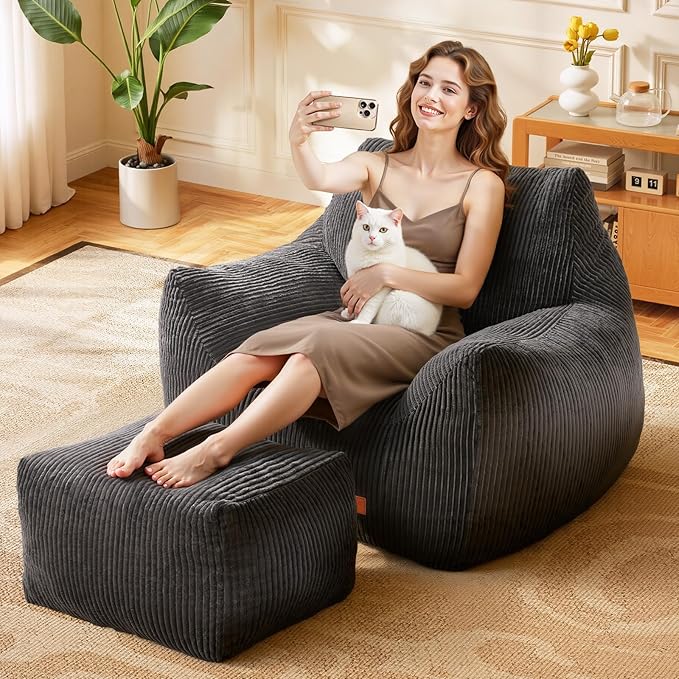 Big Bean Bag Chair for Adults & Kids, Ultra Soft Living Room Bean Bag with Armrests & Ottoman, Stuffed BeanBag Floor Sofa for Napping, Gaming, Lounging, Dark Gray