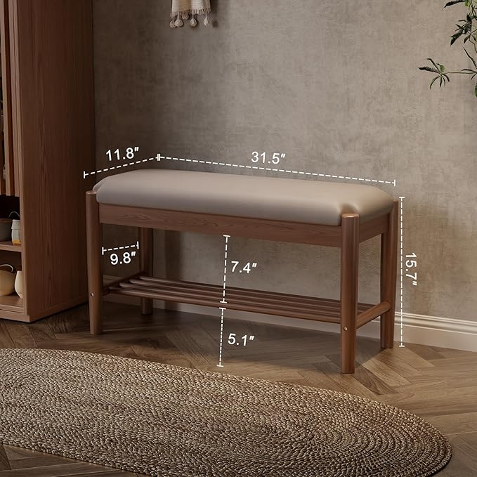 Shoe Bench Entryway with Cushion, Solid Wood Bench with Shoe Storage, 2-Tier Shoe Rack Bench for Entryway,Hallway (Gray)
