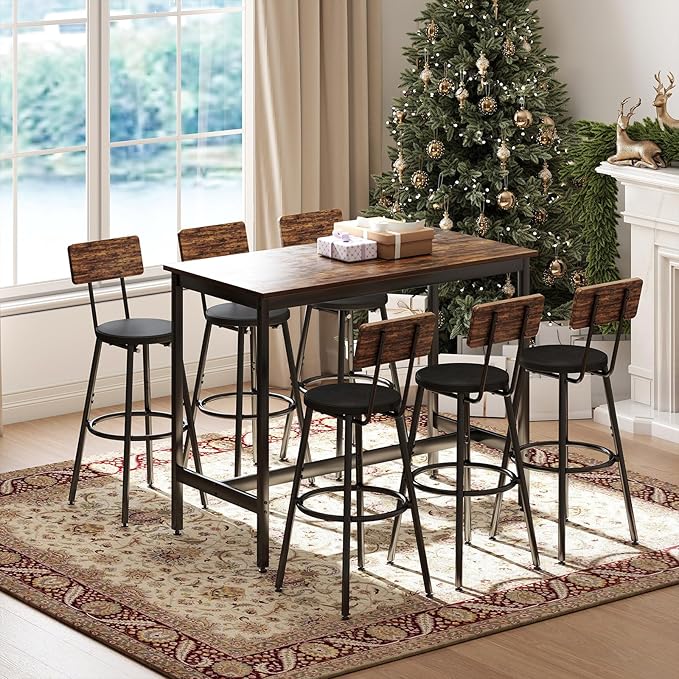 Dining Table Set for 6, 7-Piece Bar Table Set, Kitchen Table and Chairs, Counter Height High Top Table with 6 PU Upholstered Stools, Space-Saving Pub Tables Set for Small Space, Brown