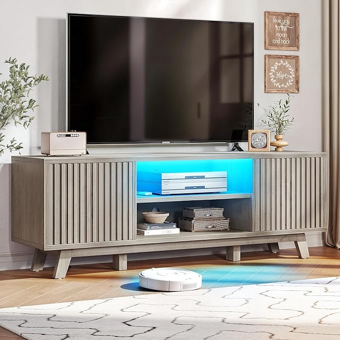 YITAHOME Television Stand for Living Room, Fluted TV Stand with LED Light for 65/55 Inch TV, Mid Century Modern Entertainment Center Media Console TV Cabinet with Adjustable Shelves, Light Oak